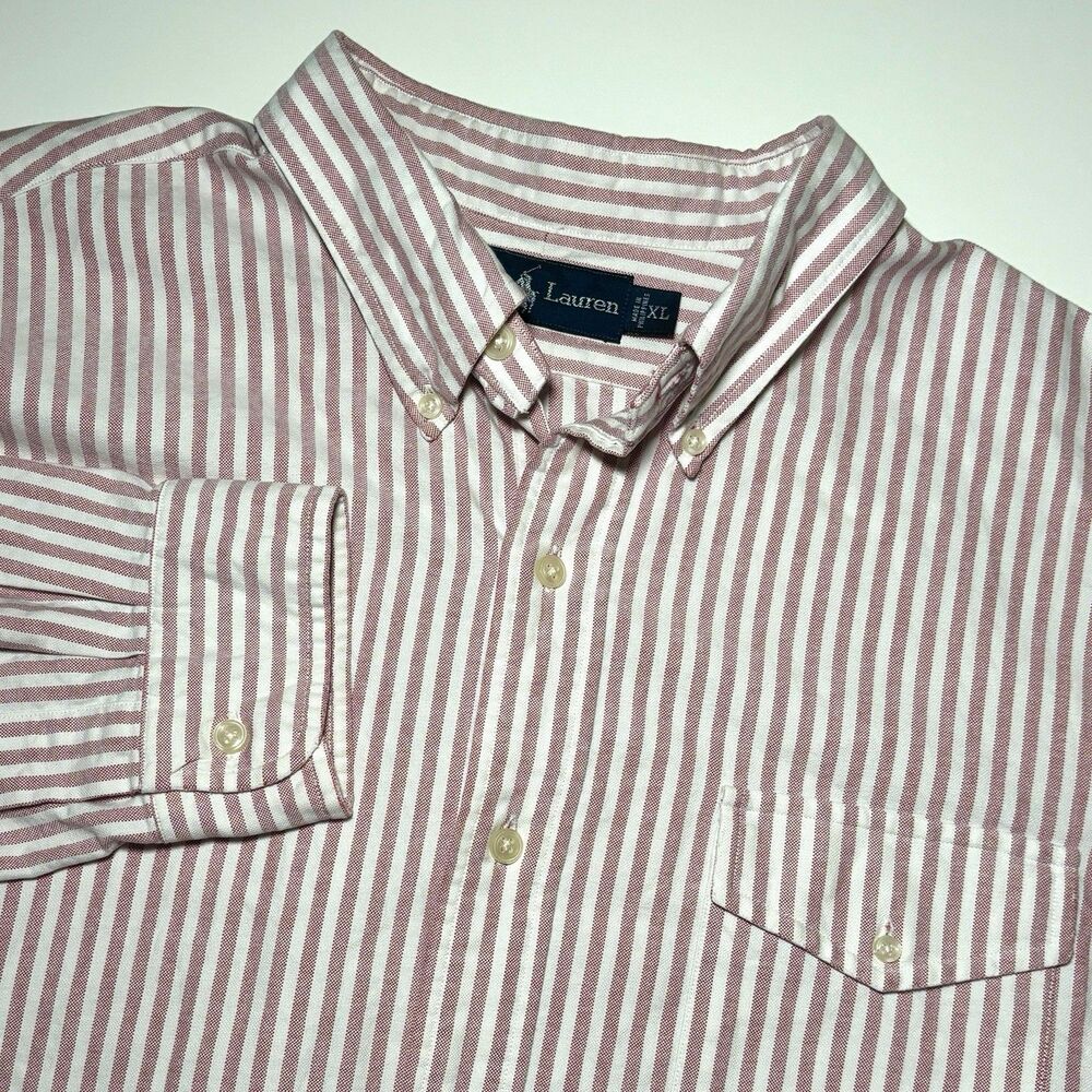 Ralph Lauren Pink‎ White Stripped Men's Xl  Pocket Long Sleeve Button Down Shirt